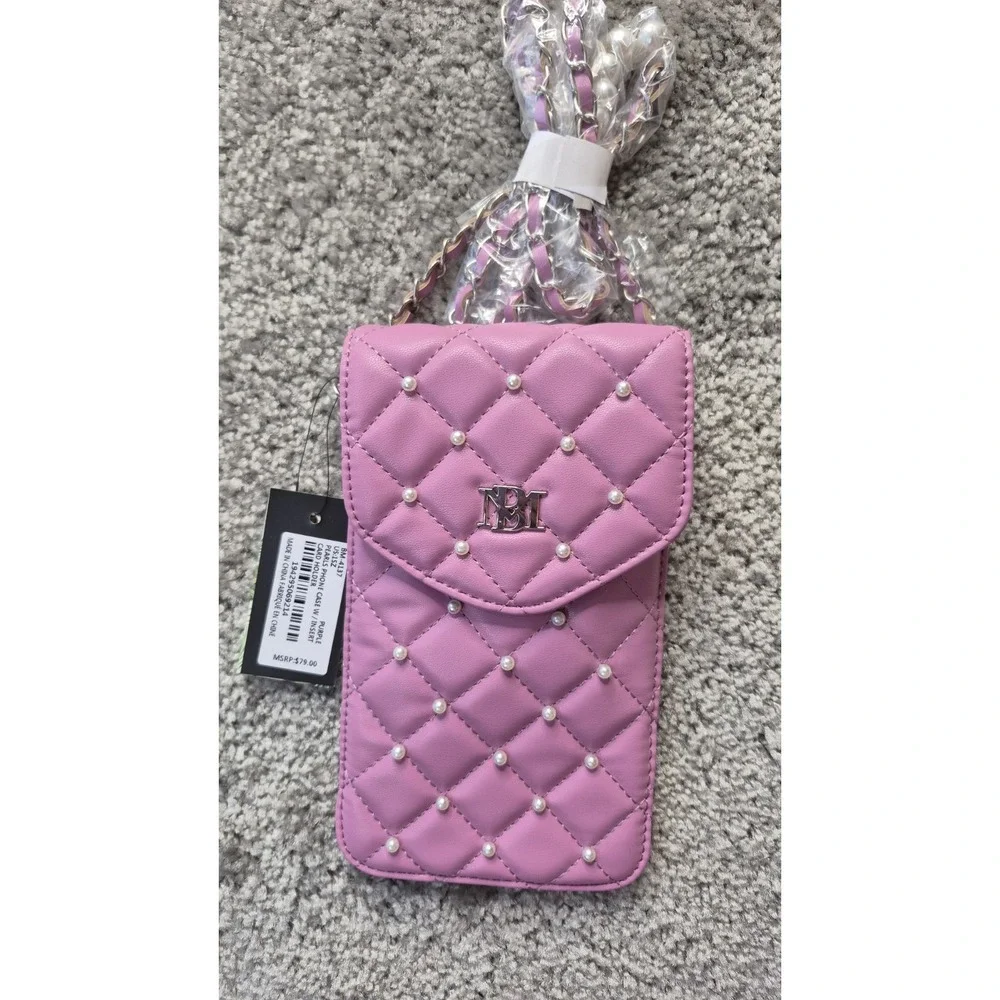Badgley‎ Mischka Pink Quilted Vegan Faux Leather Pearls Crossbody Phone Case NWT